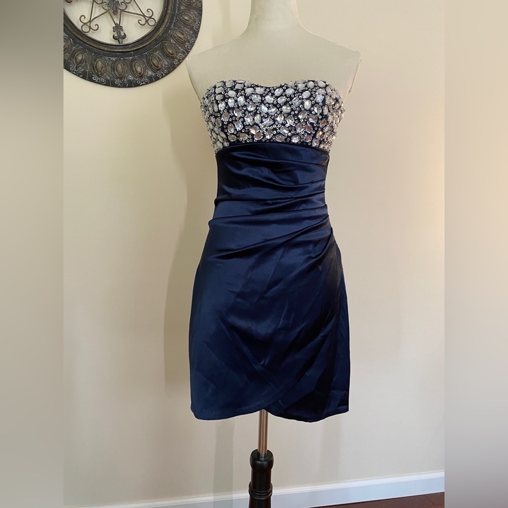 Silk Strapless Formal Dress, Navy Tulip Skirt with Beaded Silver Sparkle Bodice